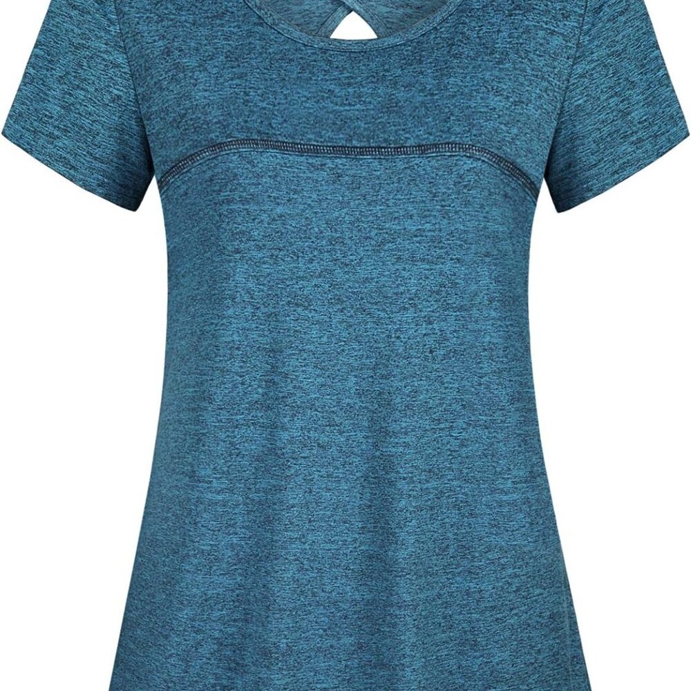 Woman Short Sleeve Round Neck Criss Cross Back Yoga Shirt